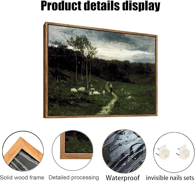 OIQArtOIQ Framed Vintage Landscape Wall Art Shepherd Natural Scenery Oil Painting Canvas Prints Country Farmhouse Aesthetic Fall Decor Pictures for Kitchen Bedroom Living Room Bathroom