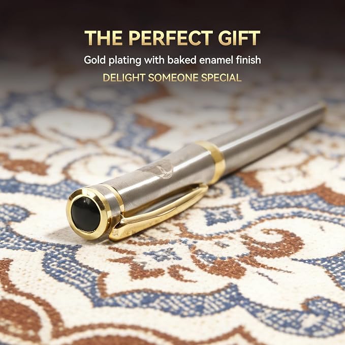 LUHSIN Premium Metal Rollerball Pen with Gold Trim - 0.5mm Smooth Writing Business Signature Pen with Refill, Luxury Executive Writing Instruments in Elegant Gift Box for Men & Women
