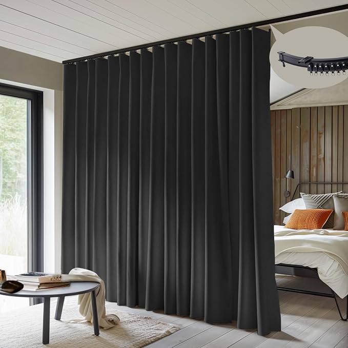 MaKefeile Room Divider Curtains with Flexible Ceiling Curtain Tracks Set,100% Blackout Floor to Ceiling Curtains Patio Sliding Door Curtains (Black Drape & Black Rail W 12.5 × H 9 FT)