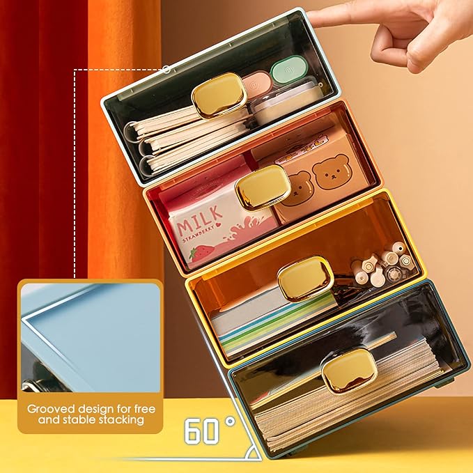 2PACK Stackable Storage Drawers for Desk 6.5"x9"x3" Small Storage Organizer Plastic Desk Organizer with Drawer Desktop Storage Box for Cosmetic, Pencil, Jewelry, Lipsticks (Blue,M-2 Drawer)