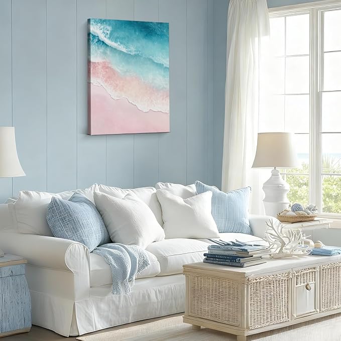Coastal Pink Beach Wall Art Decor Blue Ocean Wave Painting Picture Artwork Pastel Seascape Wall Decor for Home Beach Room Bedroom 8x10 Canvas Framed