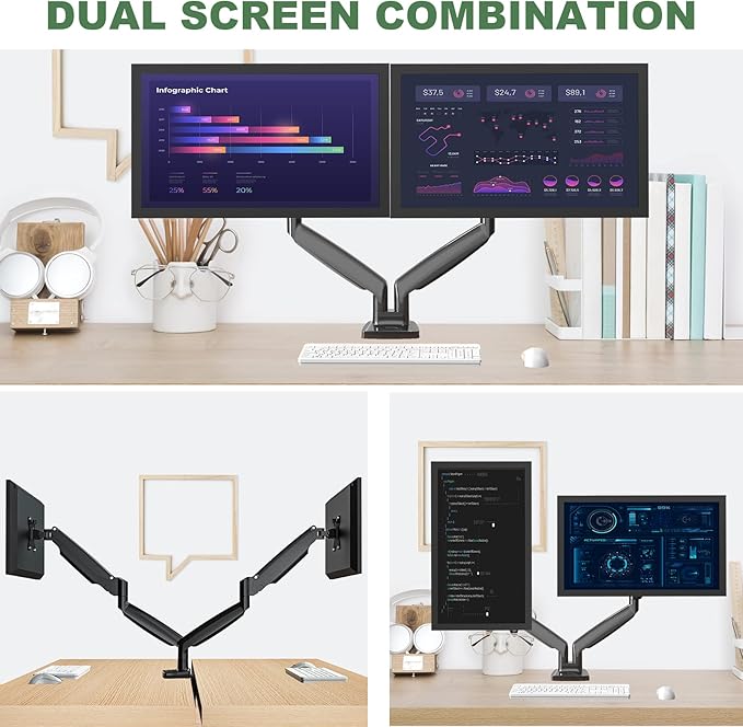 Dual Monitor Mount, Dual Monitor Desk Mount for Two Ultrawide 22"-34" Flat/Curved Computer Screens, Fully Adjustable Gas Spring Double Monitor Stand Arms Hold 26.5lbs, VESA 75x75/100x100mm