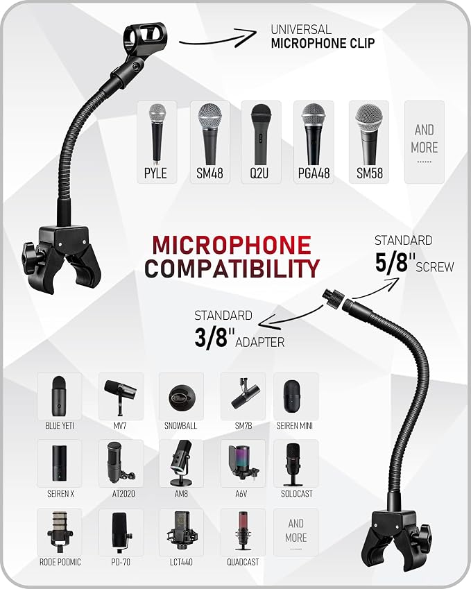 13" Gooseneck Mic Stand w/Super Crab Clamp, Flexible Microphone Arm Mount Holder, Compatible with Music Stands, Mic Stands, Tripods, Boom Arms - KBC1458