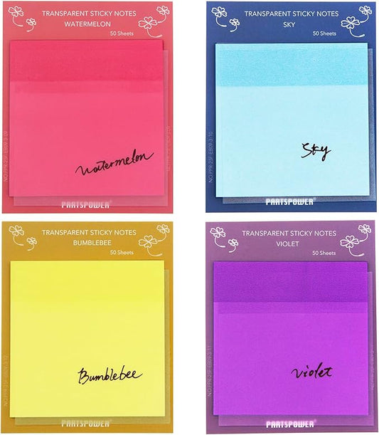 PARTSPOWER Super Transparent Sticky Notes, Jewel Tones 4 Packs 3X3 Inch See Through Annotating Sticky Notes for Annotating, Bible Study Supplies, Office School Supplies - Hot Kisses Series