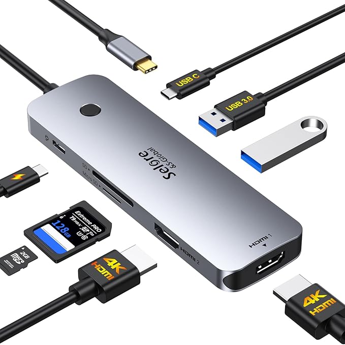 Selore USB C Docking Station Dual HDMI Monitor, USB C to Dual HDMI Adapter with 4K@60Hz HDMI, 100W PD, SD/TF, USB A&C 3.0 Ports, Laptop Docking Station for Dell XPS/HP/Lenovo/Surface/Yoga etc