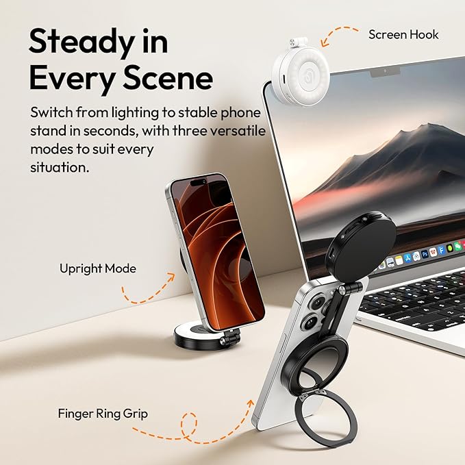Magnetic Selfie Light, Upgraded ULANZI LM23 360° Phone Ring Light for iPhone Magsafe with Mirror & Stand, LED Phone Fill Lights for Selfies/Video Calls/Conference/Vlogging/Makeup - White