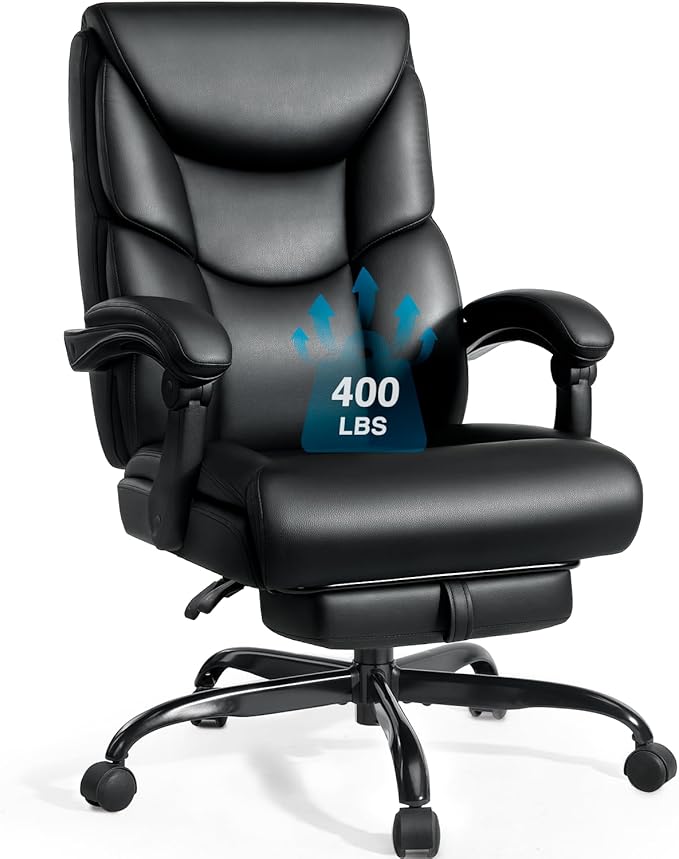 WAILOR 400lbs Office Chair with Foot Rest, Reclining Big and Tall Office Chair with Lumbar Support Spring Cushion, High Back PU Leather Computer Chair,Comfy Desk Chair for Home Office