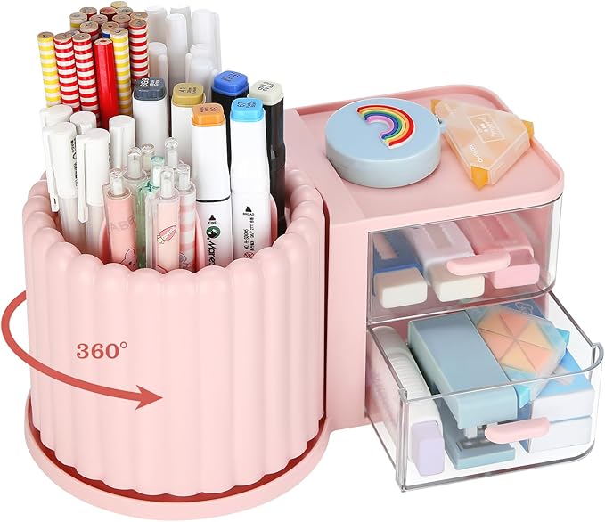 LETURE Rotating Office Desk Organizers and Accessories with 2 Drawer, Pencil Pen Marker Holder for Desk, Desktop Storage Organizers and Accessories for Office Home Art Supplies (Pink)