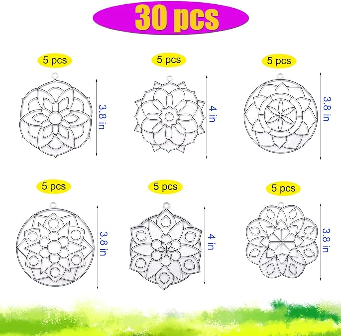 AUEKIV 30 Sets Suncatcher Kit Mandala Suncatchers Window Art Paint Sun Catcher DIY Craft Kits Flower Suncatcher Kit for Summer Decoration Home Activity Art Project Birthday Party Favors