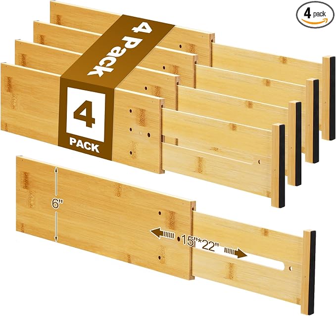 DoubleFill 4 Pcs 6 Inch High Drawer Dividers 15"-22" Adjustable Bamboo Drawer Dividers Deep Expandable Dresser Organizer with Spring Loaded for Bedroom Bathroom Kitchen Office(Wood Color)