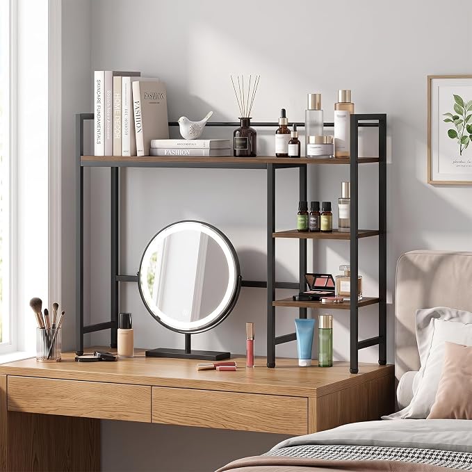 Tangkula 4-Tier Desktop Bookshelf, 38.5" Dorm Desk Hutch, Rustic Brown | Tabletop Hutch for Computer Monitor, 4 Open Storage Shelves, Anti-tip Device, Desktop Display Shelves for Home Office