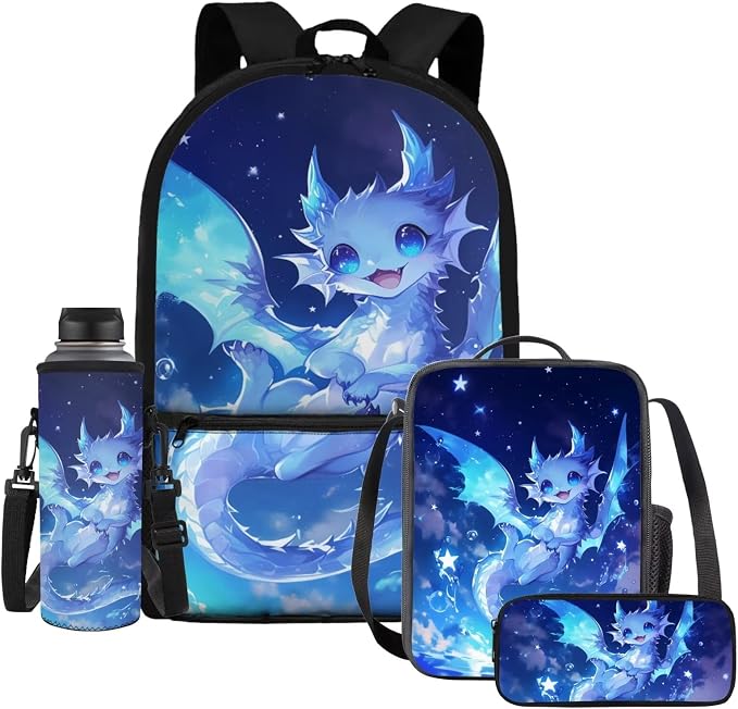 WELLFLYHOM 4PCS Blue Ice Dragon Backpack Set for Elementary School Kids 6-11, Girls 17inch Cute Backpack with Lunch Box for Back to School, Lightweight Bookbag Reduce Shoulder Pressure