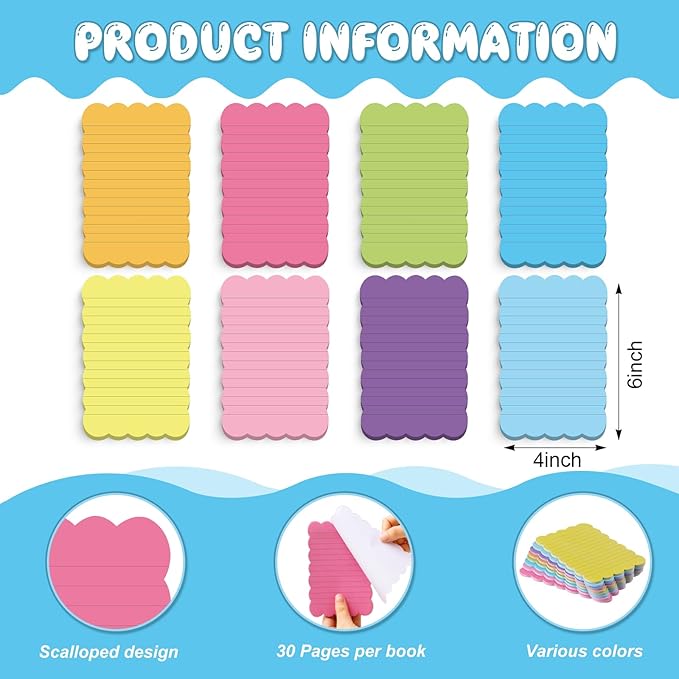 Eaasty 8 Pack Scalloped Aesthetic Sticky Notes Bulk Colorful Cute Wavy Self Sticky Note Pads 4" x 6" Lined Rainbow Colors Note Pads for Back to School Office Supplies 240 Sheets