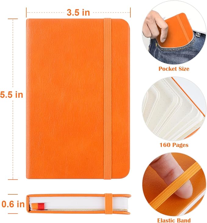 MicroSpark Pocket Dotted Notebook, 2-Pack Dot Grid Notebook, Dotted Journal with Stickers, 3.5" x 5.5" Hardcover, Small Mini A6 size, 160 Pages, 100 gsm Thick Paper (Orange)