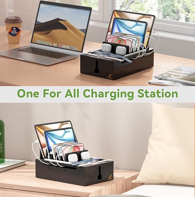 Pezin & Hulin Bamboo Charging Station-Black, (No USB Charger and Cables) | Electronic Devices Organizer for Multiple Devices Charger Such As Cell Phone, Tablet, Watch and More