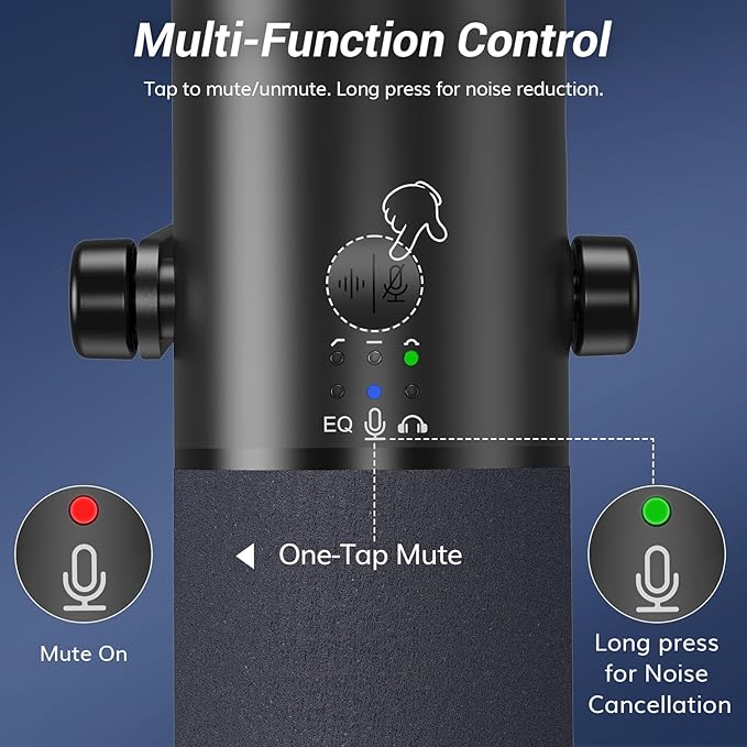TONOR Dynamic Podcast Microphone for Studio, Cardioid XLR/USB Mic, AI Noise Cancellation, Tap Mute, 3.5mm Headphone Jack for Monitoring, Volume Control, Microfono with Boom Arm, Black, TD510 AIR H+