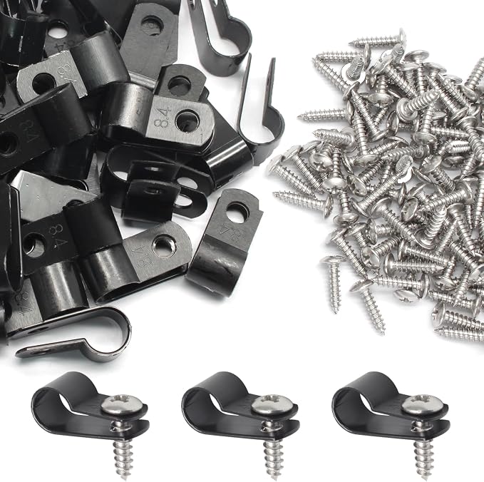 50 Pcs 1/3 Inch Black Nylon Cable Clip Wire Clamp, R-type | 8.4mm, Screw Mounting, Wire Management, Stainless Steel Screws Included