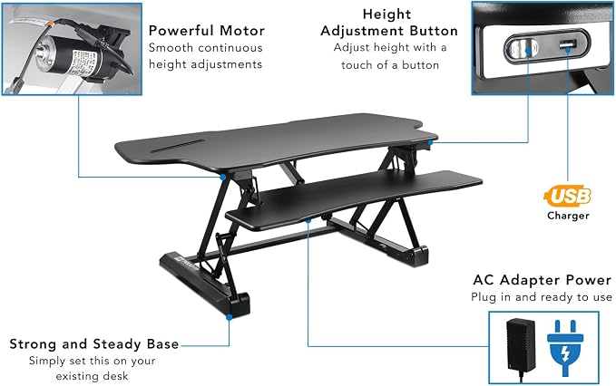 Mount-It! 48.5" Electric Standing Desk Converter for Dual Monitors, Motorized Sit Stand Electric Desk Riser with USB Port & Device Slot, Keyboard Tray, Adjustable Height Ergonomic Workstation, Black