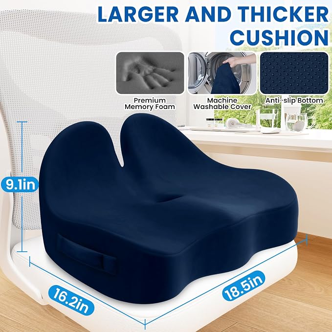 Seat Cushion, Chair Cushions, Memory Foam Office Chair Cushion | Hip & Sciatica & Tailbone Pain Relief, Long Sitting Comfort for Office Chairs/Desk Seats/Wheelchair (Large, Blue)