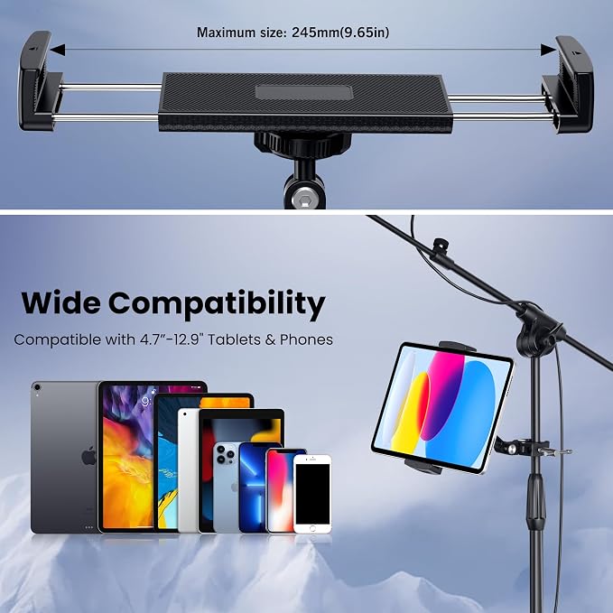 CreaDream Tablet Holder for Microphone Stand, Aluminum Mic Music Stand Holder Mount for Phone and iPad, Adjustable Tablet Holder Compatible with Devices from 4.7 to 13 inch Tablets & Smartphones