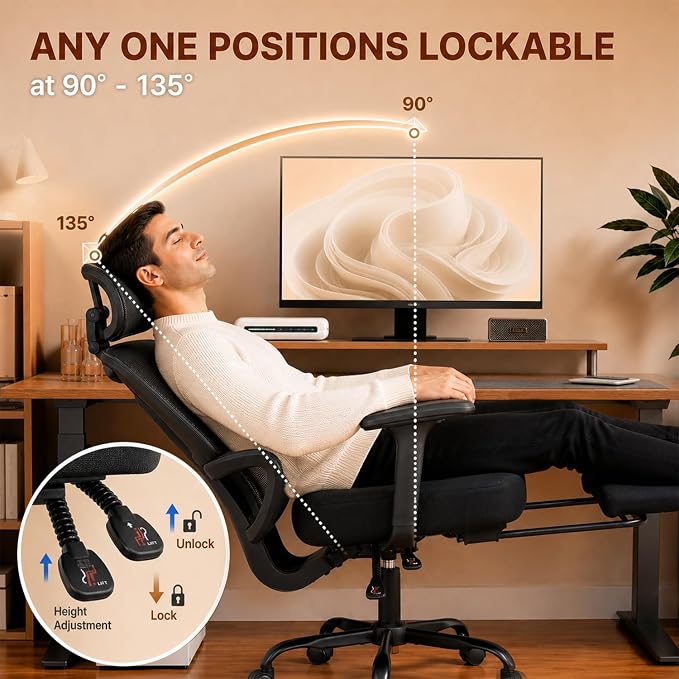 Ergonomic Office Chair with Footrest - High Back Mesh Computer Desk Chair | with Back Support, 135° Reclining, 4D Armrest & Headrest, 400lbs Thickened Seat Cushion, for Home Office, Work & Gaming