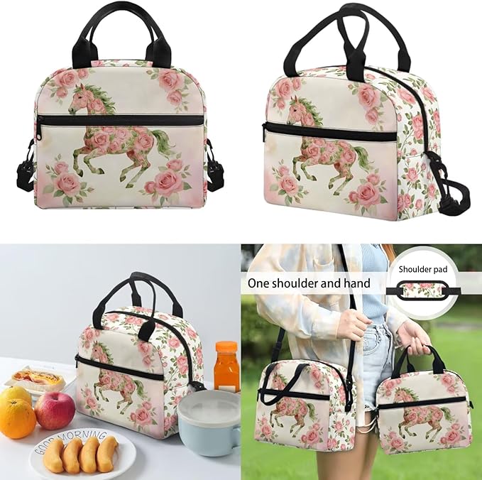 Horse Rose Bookbag Kids 3 in 1 School Backpack with Lunch Bag Pencil Bag Set for Girls Lightweight Elementary Middle School Bags