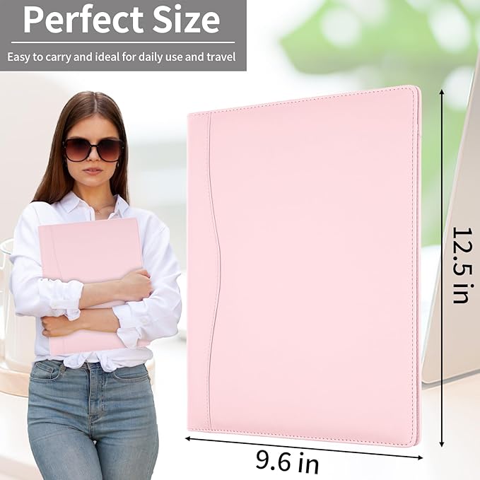 Professional Padfolio Portfolio Binder, Faux Leather Interview Resume Folder, Letter Size A4 Legal Writing Pad Holder, Document Organizer for Business School Office Conference (Pink)