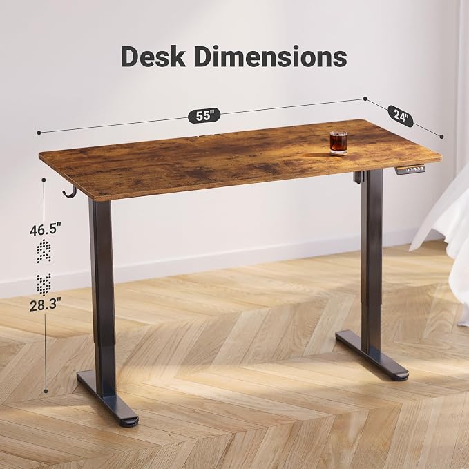 Claiks Electric Standing Desk, Adjustable Height Stand up Desk, 55x24 Inches Sit Stand Home Office Desk with Splice Board, Black Frame/Rustic Brown Top