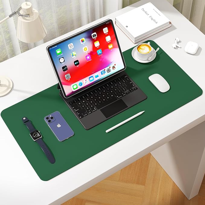 Leather Desk Pad Protector, Waterproof Mouse Pad, PU Desk Mat, Office Desk Cover, Desk Writing Mat for Office/Home/Work/Cubicle (Dark Green) 23.6x13.7 in