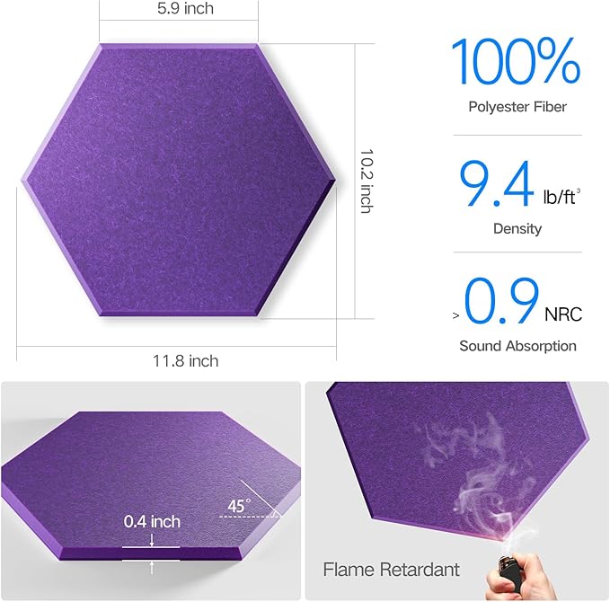 22 Pack Self-Adhesive Acoustic Panels 12" X 10" X 0.4" - Sound Proof Foam Panels with High Density, Hexagonal Design, Flame Resistant, Absorb Noise and Eliminate Echoes(Purple)