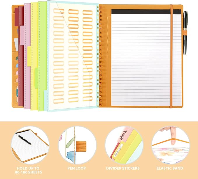 Ospelelf Clipboard with Storage for Women, Leather Padfolio Portfolio Organizer 5 Folders with 10 Pockets, Spiral Clipboard Folio with Notepad for Letter Size, Elastic Closure and Pen Loop Flowers
