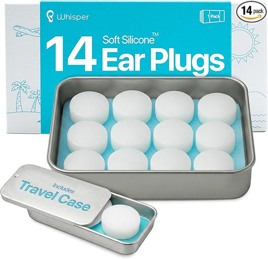 Whisper Ear Plugs (14 pcs) | Soft Silicone | Reusable Silicone Ear Plugs for Swimming, Sleep, Travel, Noise & Snoring | Moldable Comfort Fit Wax Earplugs for Sleep | Waterproof Swim Ear Plugs Adults