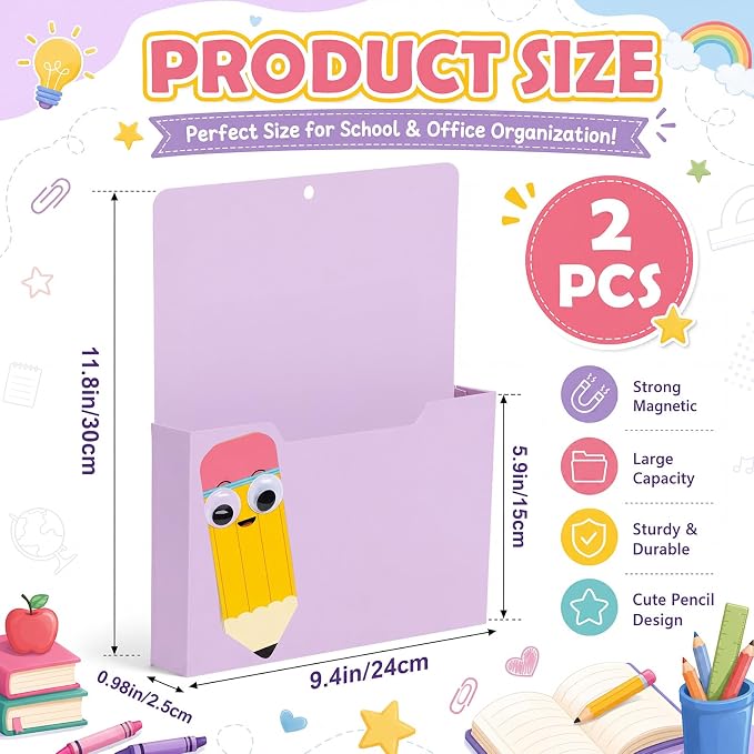 Gilprop 2 Pcs Pencil Purple Magnetic File Folder Holder Pocket File Organizer Classroom Decor Teacher Desk Accessory for Whiteboard Mail Paper Book No Drilling Elementary School Kindergarten Essential