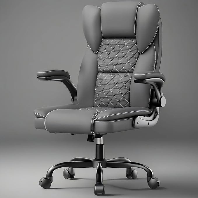 naspaluro Ergonomic Office Chair, Executive PU Leather Chair, Computer Desk Chair with Adjustable Lumbar Support Flip-up Arms, Executive Task Chair, Office Chairs for Home Office, Big and Tall, Gray