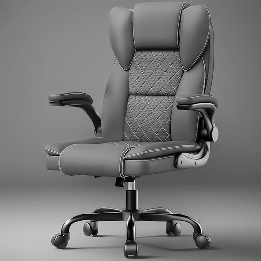naspaluro Ergonomic Office Chair, Executive PU Leather Chair, Computer Desk Chair with Adjustable Lumbar Support Flip-up Arms, Executive Task Chair, Office Chairs for Home Office, Big and Tall, Gray