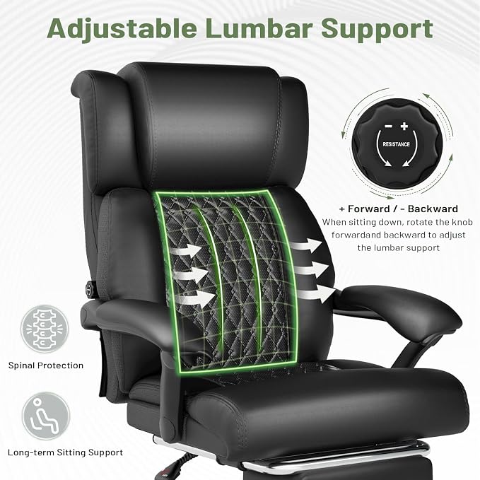 HOMREST 500lbs Big and Tall Office Chair, Ergonomic Heavy Duty Chair with Adjustable Lumbar Support & Backrest, Executive Leather Office Chair with Wide Armrests and Wheels (Black)