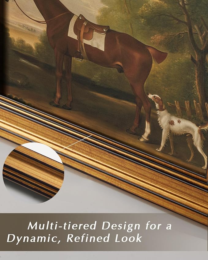 HUARCEY Gold Framed Vintage Wall Art for Living Room, Animals Painting Prints Shelf Decor for Kitchen, Aesthetic Bedroom Wall Art, Best Gifts for Friends or Family - Human Horse Dog 10L x 8W