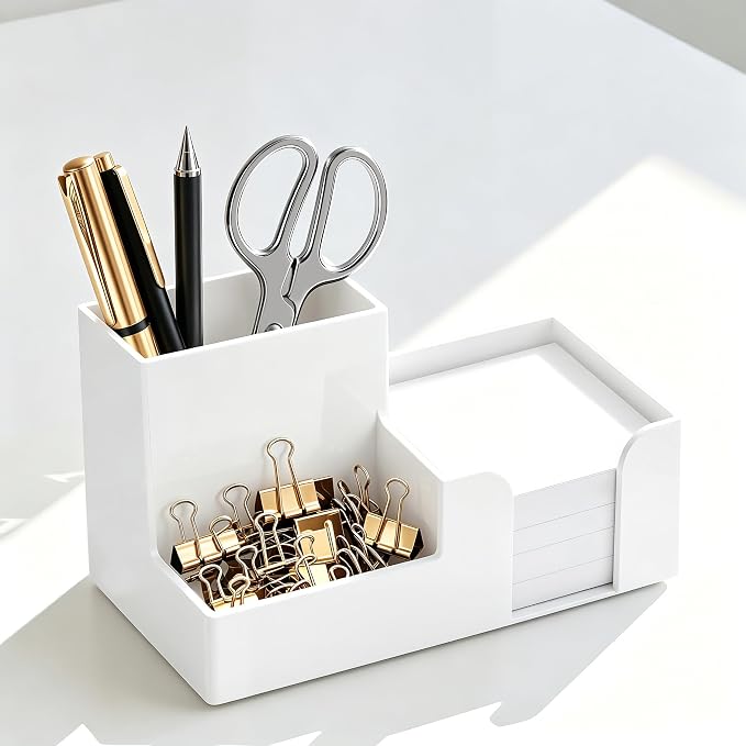 HBlife Acrylic Pen Holder for Desk, 3-Compartment Small Desk Organizer, White Office Supplies Desk Accessories with Sticky Notes Holder Stores Post It Notes 3X3 for Office, Home and School