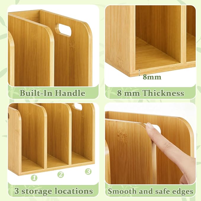 Novabright Bamboo File Magazine with Handle Holder Desk Organizer, 3 Vertical Compartments Workspace Sorters for Magazines, Binders, Notebooks, Envelopes