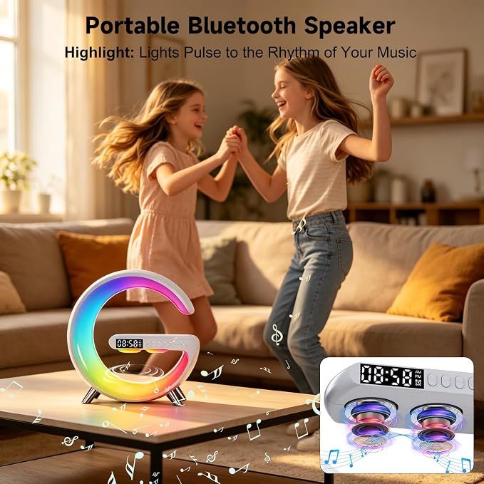 4 In 1 Smart LED Table Lamp, Alarm Clock, Wireless Charger, Night Light, Bluetooth Speaker with App Control, Bedside Lamp for Bedroom, Office, Home Decor, Family, Girls Boys Birthday Festival Gifts