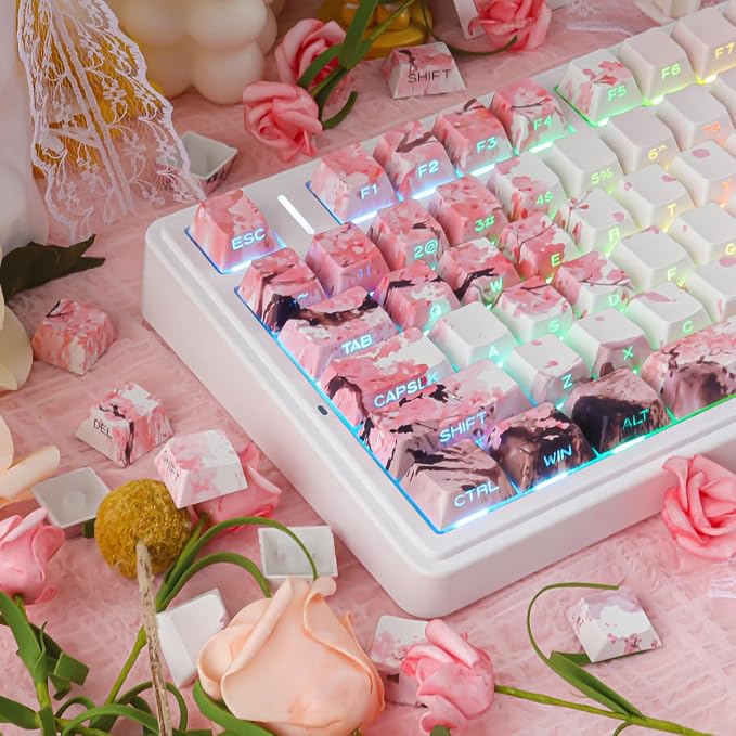 Tsungup PBT Keycaps Cherry Blossom Keycap Set - Custom Landscape Painting Sakura Pink Keycaps,131 Keys Side Print Key caps Cherry Profile Keyboard Key caps for Mechanical Keyboards