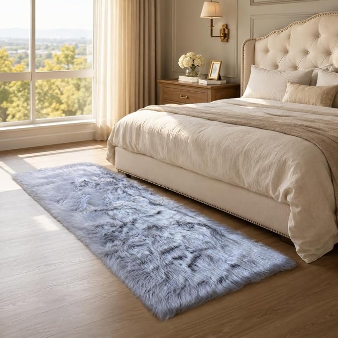 EasyJoy Faux Sheepskin Rug, Fluffy Faux Fur Rug, Ultra Soft Shag Area Rug with Non-Slip Backing for Bedroom, Living Room, Nursery, Kids Room(2x6 ft Rectangle, Frosted Bottom Gray)