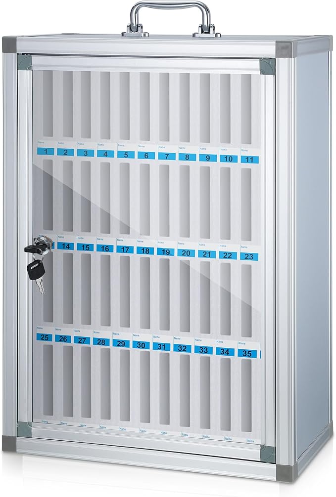 Amylove Cell Phone Locker Cabinet Aluminum Alloy Pocket Chart Storage Locker Box Cabinet Wall-Mounted Cell Phones Storage Box with Handle for Office Classroom Gym(White,48 Slots)