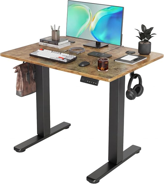Claiks Electric Small Standing Desk, 35x20 Inch, Rustic Brown | Adjustable height for sit-stand, 156lbs capacity, scratch-resistant surface, 3 memory presets, cable management & hook.