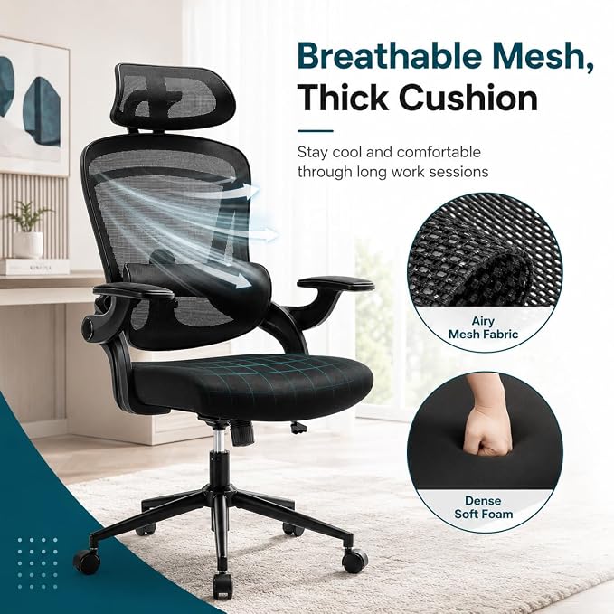 Ergonomic Office Chair, Home Office Desk Chairs with Adjustable Lumbar Support and Headrest, High Back Mesh Computer Desk Chair with 3D Flip-up Armrests & 360° Swivel Wheels, 275 LBS