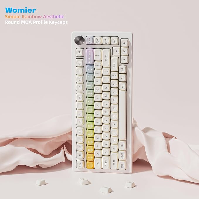 Womier PBT Keycaps Set 126 Keys, Doubleshot Dye Sub Side Print White Custom Round Keycaps for 60 65 75 100 Percent Creamy Mechanical Keyboards, MOA Profile (Rainbow)