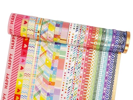 YUBBAEX Bright Mix Gold Washi Tape Set VSCO Foil Masking Tape Decorative for Arts, DIY Crafts, Journal Supplies, Planners, Scrapbook, Card/Gift Wrapping -5/10mm- (Rainbow 27 Rolls)