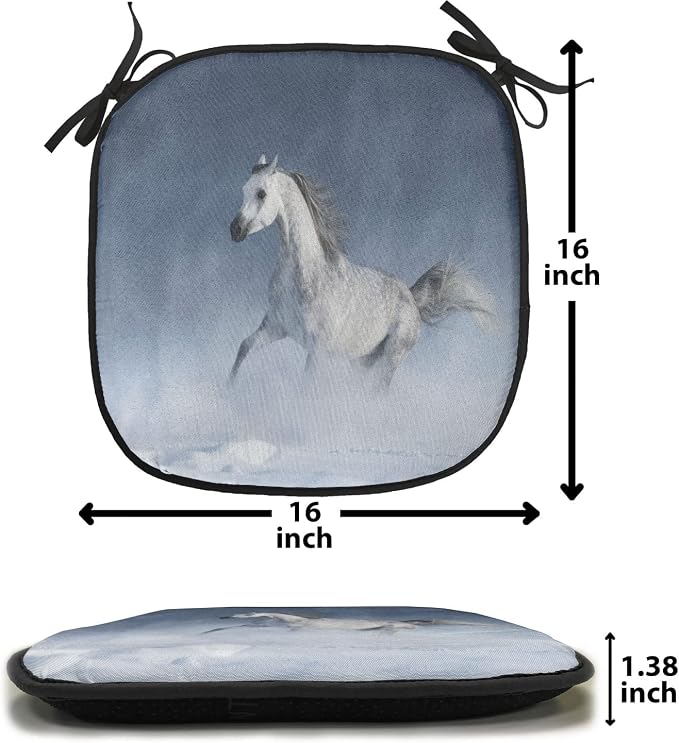 Lunarable Orient Chair Cushion Pads Set 12, Horse Galloping During a Snowstorm Stallion Winter Snow View Equine Print, Anti-Slip Seat Padding for Kitchen & Patio, 16"x16", Night Blue
