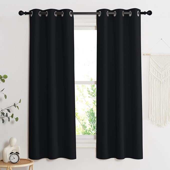 NICETOWN Black Out Curtain Panel Shade, Single Piece, 34 inches Wide by 63 inches Long, Black, Solid Energy Efficient Eyelet Top Window Blind for Guest Room