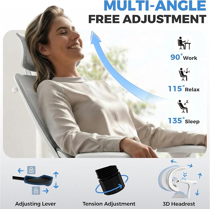 Office Desk Chair, Ergonomic Chairs Comfy with Adjustable Lumbar Support | Zoned Spine Support, Pressure Relief Back Support, Breathable Mesh Computer Chair for Long Workdays, Home Office, Gray